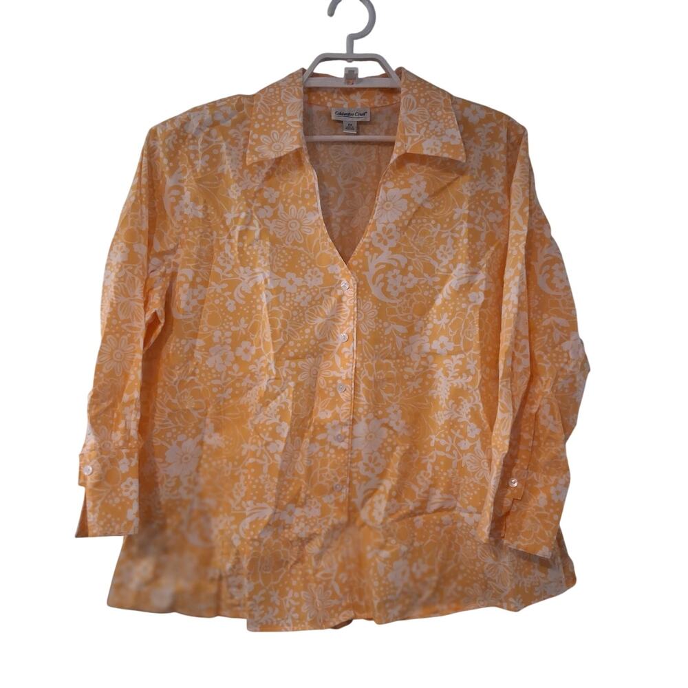 Coldwater Creek button up shirt womens 2X 100% cotton yellow floral top 3/4 slv